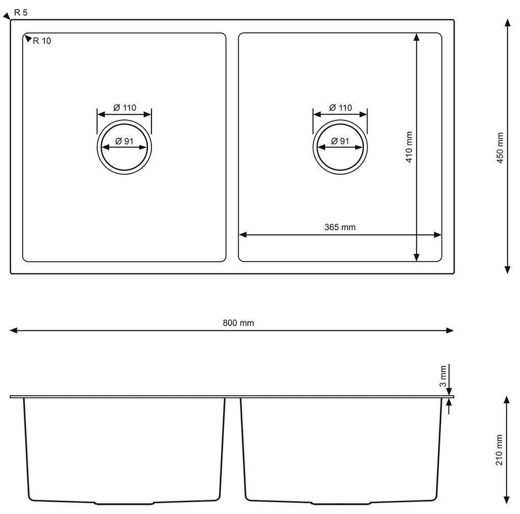 Erga HD, 2-komorový oceľový drez 800x450x210 mm, grafitová, ERG-MLS-HD8045B