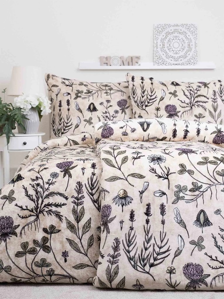 Predĺžené obliečky mikroplyš Exclusive – Herbár béžové