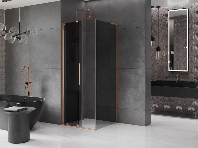 Mexen Velar L, sprchový kút s posuvnými dverami 90 x 90 cm, 8mm šedé sklo, medená matná, 871-090-090-43-65