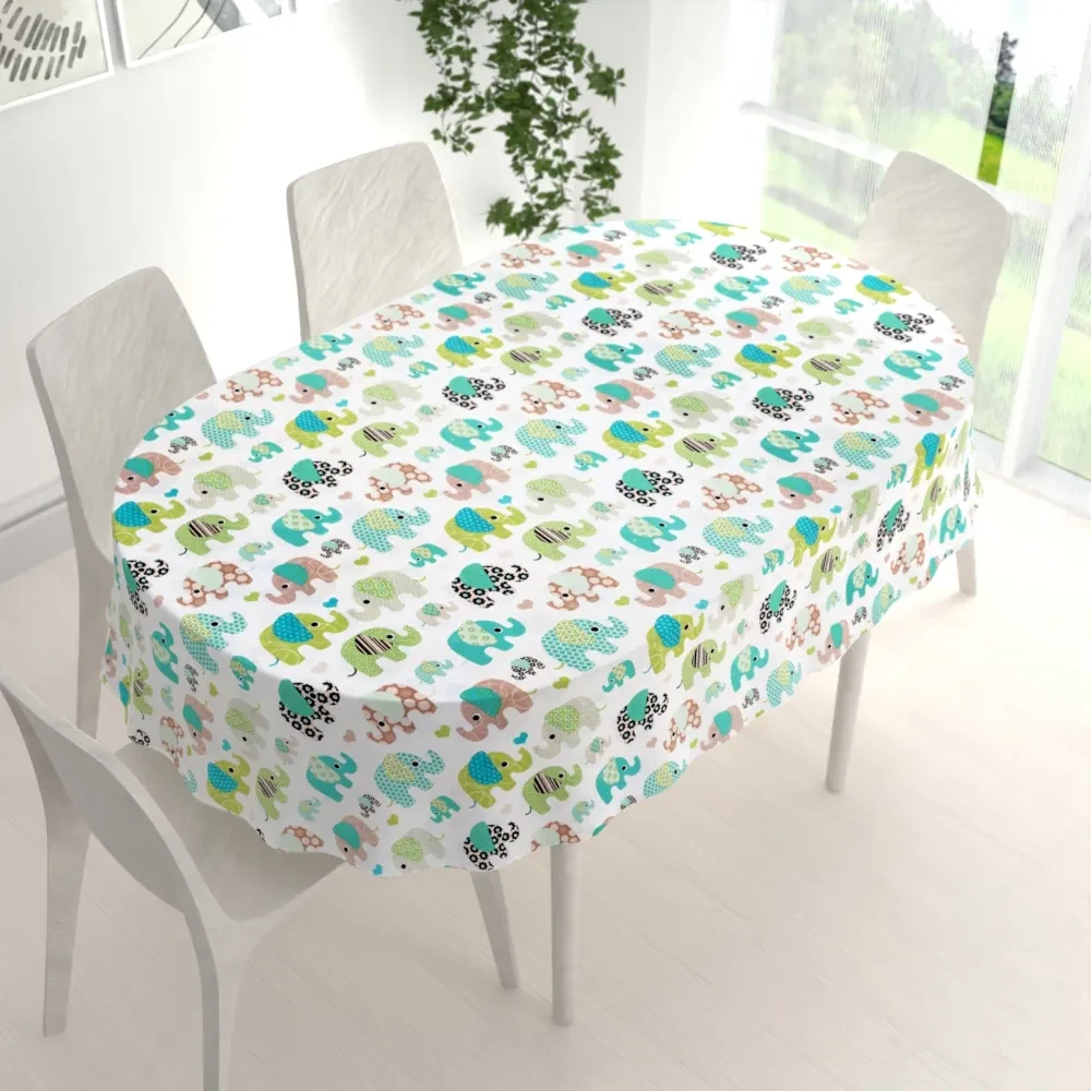 Biante Detský bavlnený oválny obrus Sandra SA-035 Zelené sloníky na bielom 140x180 cm