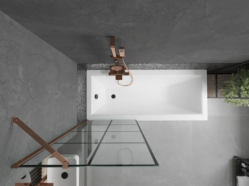 Mexen Next, vaňová zástena 1-krídlová 70 x 150 cm, fixné krídlo, 6 mm číre sklo s čiernym vzorom, ružové zlato profil, 895-070-000-00-77-60