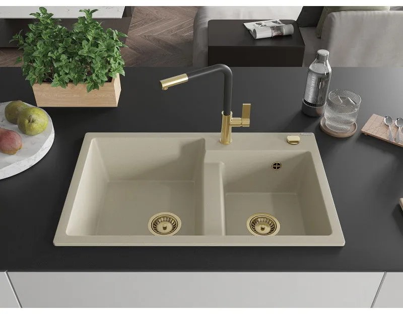 Mexen Tomas, 2-komorový granitový drez 800x500x190 mm a drezová batéria Flora, béžová, 6516-69-670401-57-G