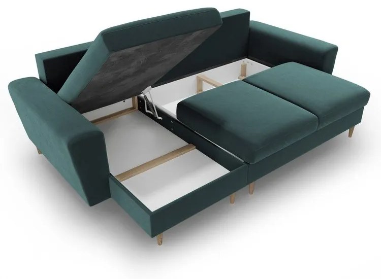 Zamatová rozkladacia/s úložným priestorom rohová pohovka v petrolejovej farbe Kyoto – Cosmopolitan Design