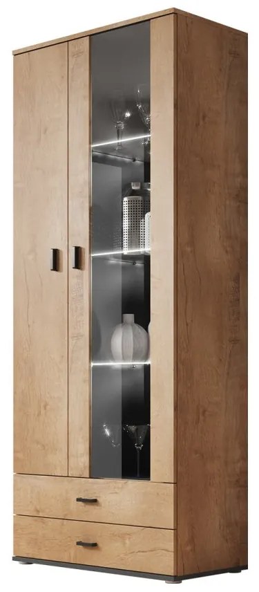 Vysoká vitrína 2D2S Boho B6, Osvetlenie: osvetlenie LED RGB - farebné, Farby: dub lefkas / dub lefkas + čierna