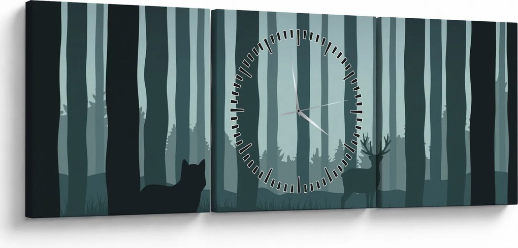 Obraz - Jeleň s vlkom v skalách (s hodinami) (90x30 cm)