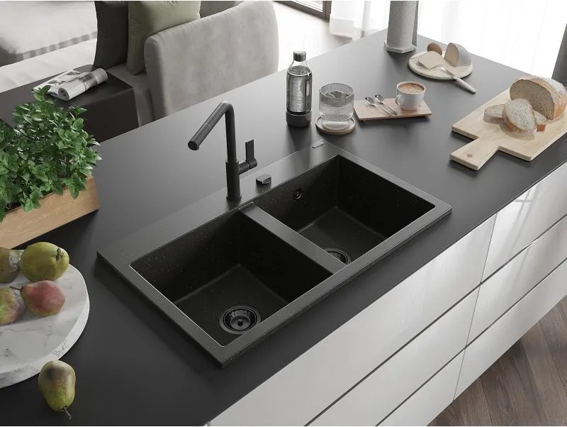 Mexen Hektor, 2-komorový granitový drez 800x480x205 mm, čierna-zlatá metalíza, grafitový sifón, 6521802000-75-B