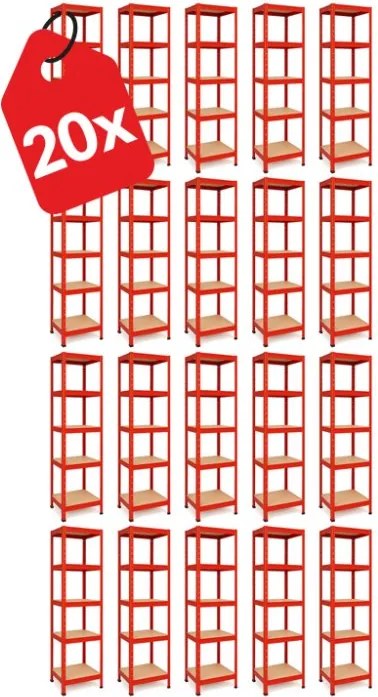 Akcia 20x Regál 180x40x40 cm lakovaný 5-policový, nosnosť 875 kg - červený