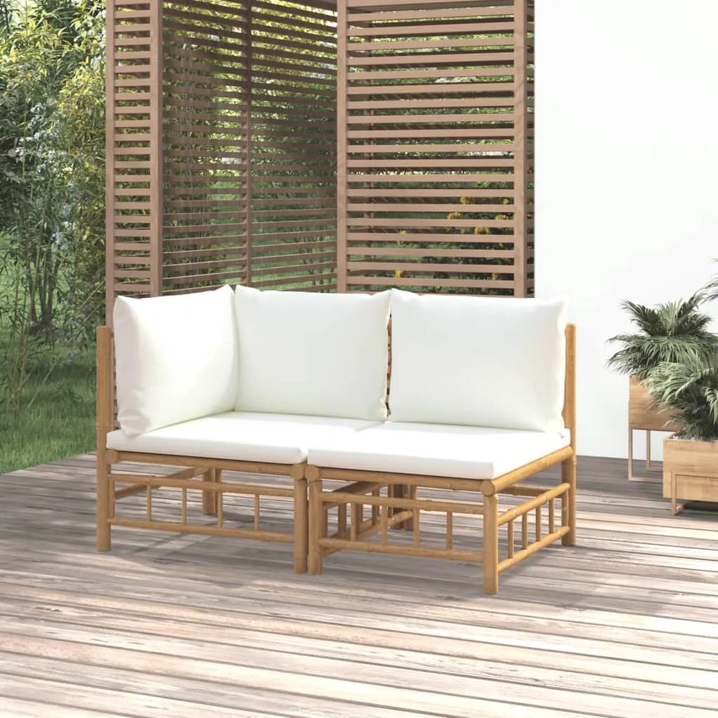 2-dielna záhradná sedacia súprava krémovobiele vankúše bambus 362298