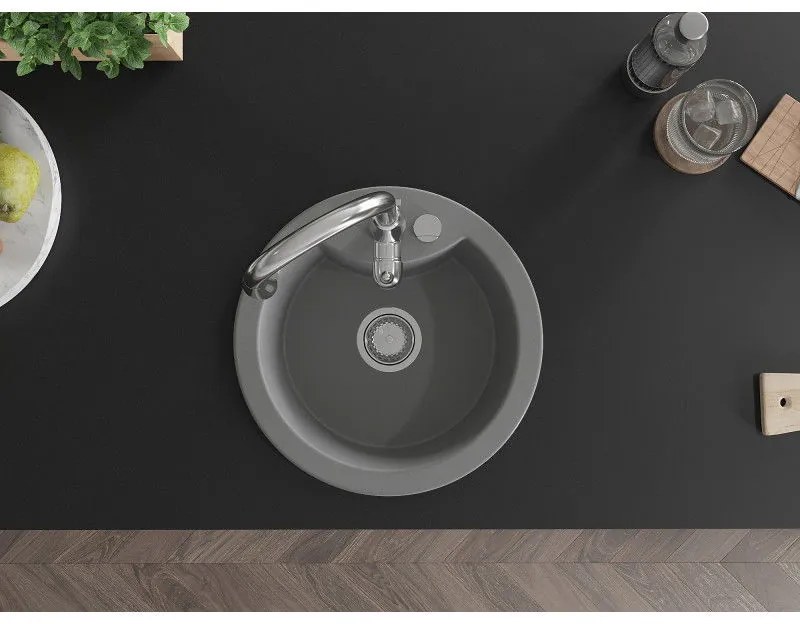 Mexen Diego, 1-komorový granitový drez 488x488x167 mm a drezová batéria Savita, šedá, 6512-71-672601-00