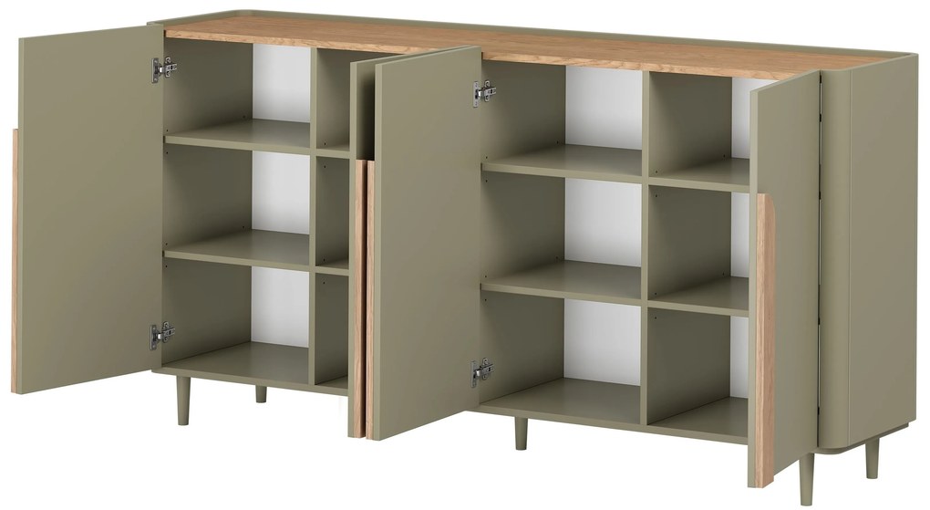 Komoda Amilio 200 cm štvor­dverová na nožičkách - eukalyptus / dub baltic dune / úchytky dub prírodný