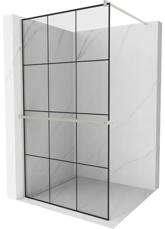 Mexen Kioto+, sprchová zástena Walk-In s poličkou a vešiakom 120 x 200 cm, 8mm číre sklo čierny vzor, brúsená oceľ profil, 800-120-121-97-77