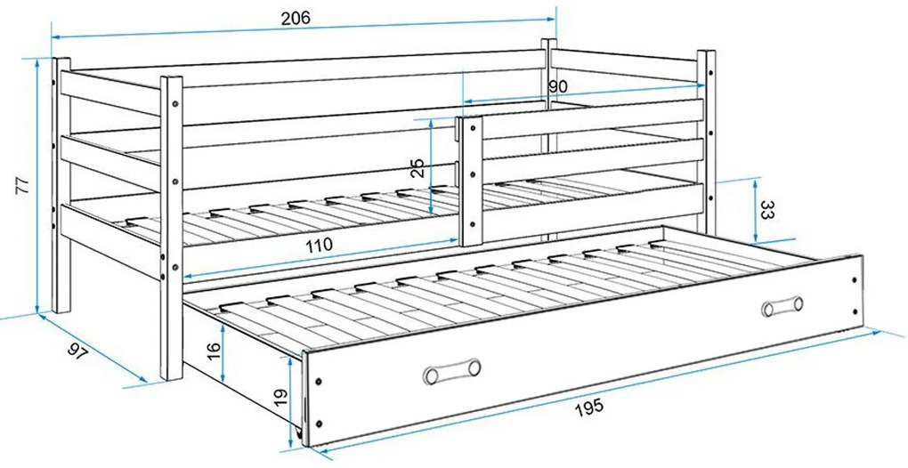 Detská posteľ s výsuvnou posteľou ERYK 200x90 cm Biela Sivá