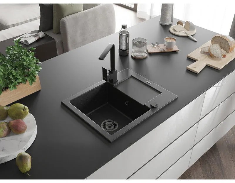 Mexen Enzo, granitový drez 576x465x174 mm, 1-komorový a čierna batéria Rita, čierna-strieborná metalíza, 6506-73-670300-70-B