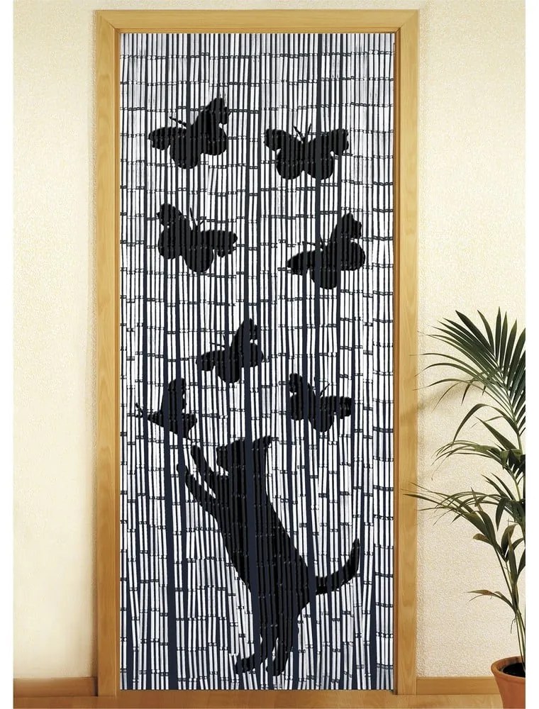 Čierno-sivý bambusový záves do dverí 200x90 cm Cat and Butterfly - Maximex