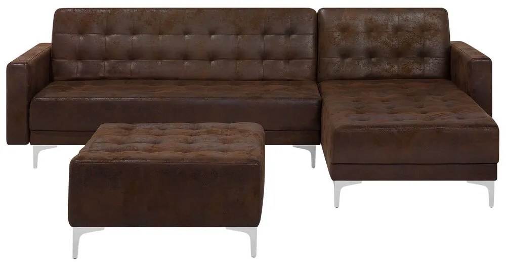 Hnedá rozkladacia rohová sedacia súprava čalúnená imitáciou kože s taburetom pravostranná / ľavostranná ABERDEEN Beliani