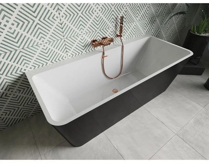 Mexen Volta, voľne stojaca nástenna vaňa 150 x 75 cm, biela-čierna, medený prepad, 51131507575-65