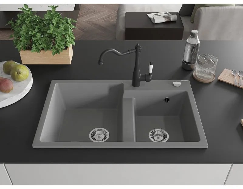 Mexen Tomas, granitový drez 800x500x190 mm, 2-komorový a drezová batéria Carla, šedá, 6516-71-670700-70