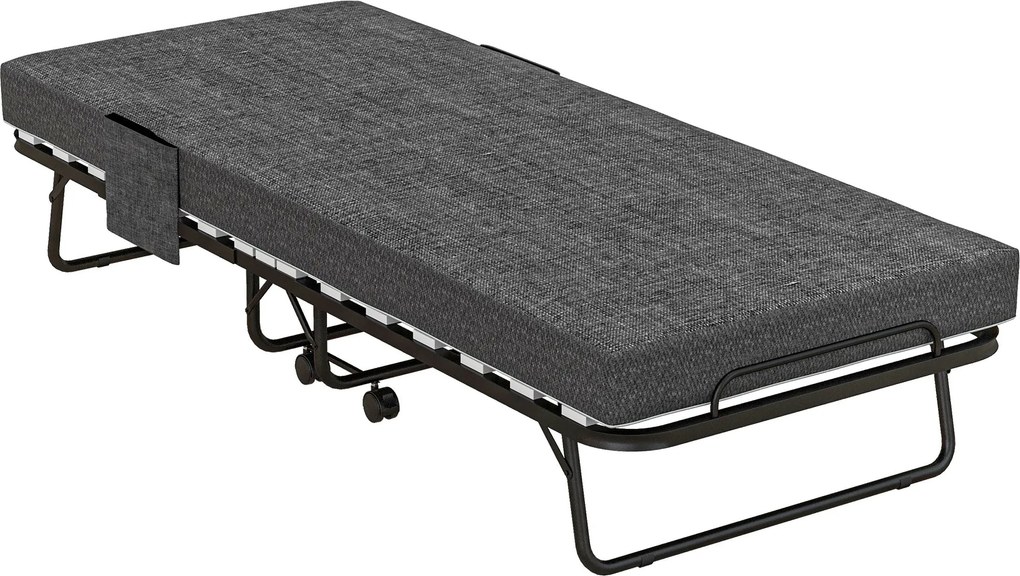 Zložitá posteľ HOMCOM s kolieskami, 10 cm matrac, obal, cestovná posteľ s bočnou kapsou, tmavo šedá 190 x 80 x 42 cm | Aosom