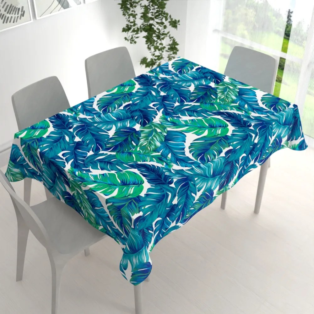Biante Bavlnený obdĺžnikový obrus Sandra SA-606 Modro-zelené tropické listy na bielom 120x180 cm