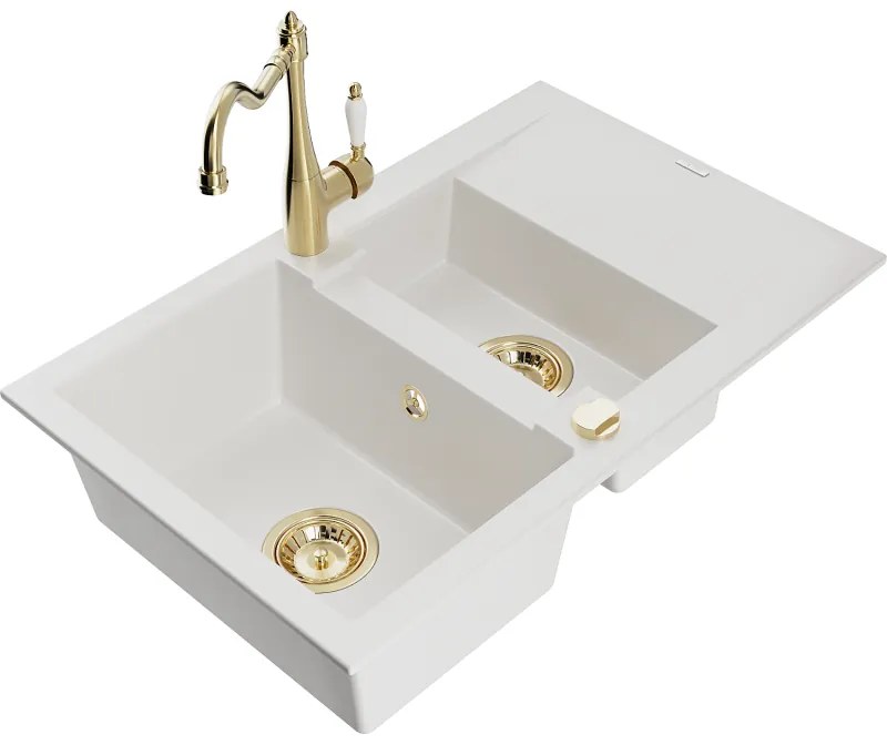 Mexen Gaspar, granitový drez 752x436x161 mm, 1,5-komorový a drezová batéria Carla, biela, 6507-20-670700-50