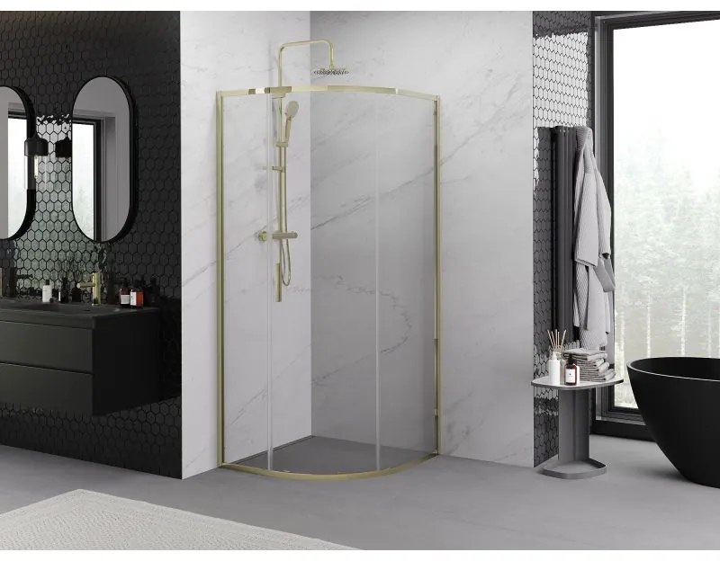 Mexen Exo, posuvný polkruhový sprchový kút 80 x 80 cm, číre sklo, zlatá, 8131-080-080-50-00