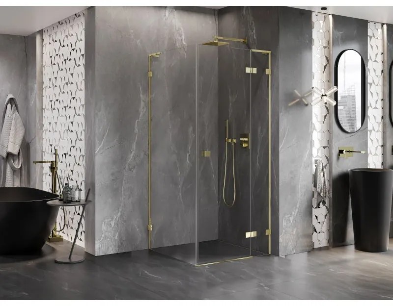 Mexen Lunar, L výklopný sprchový kút pravý 80 x 80 cm, 8mm číre sklo, zlatý profil, 834L-080-080-50-00-P