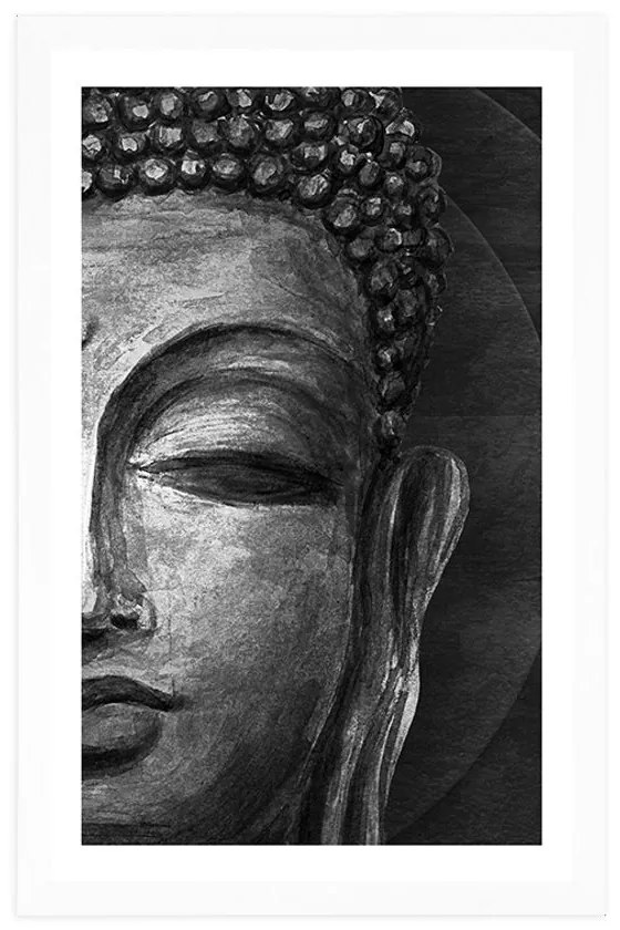 Plagát s paspartou tvár Budhu v čiernobielom prevedení - 30x45 silver