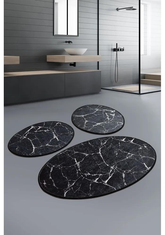 Súprava 3 čiernych oválnych kúpeľňových predložiek Chilai Marble
