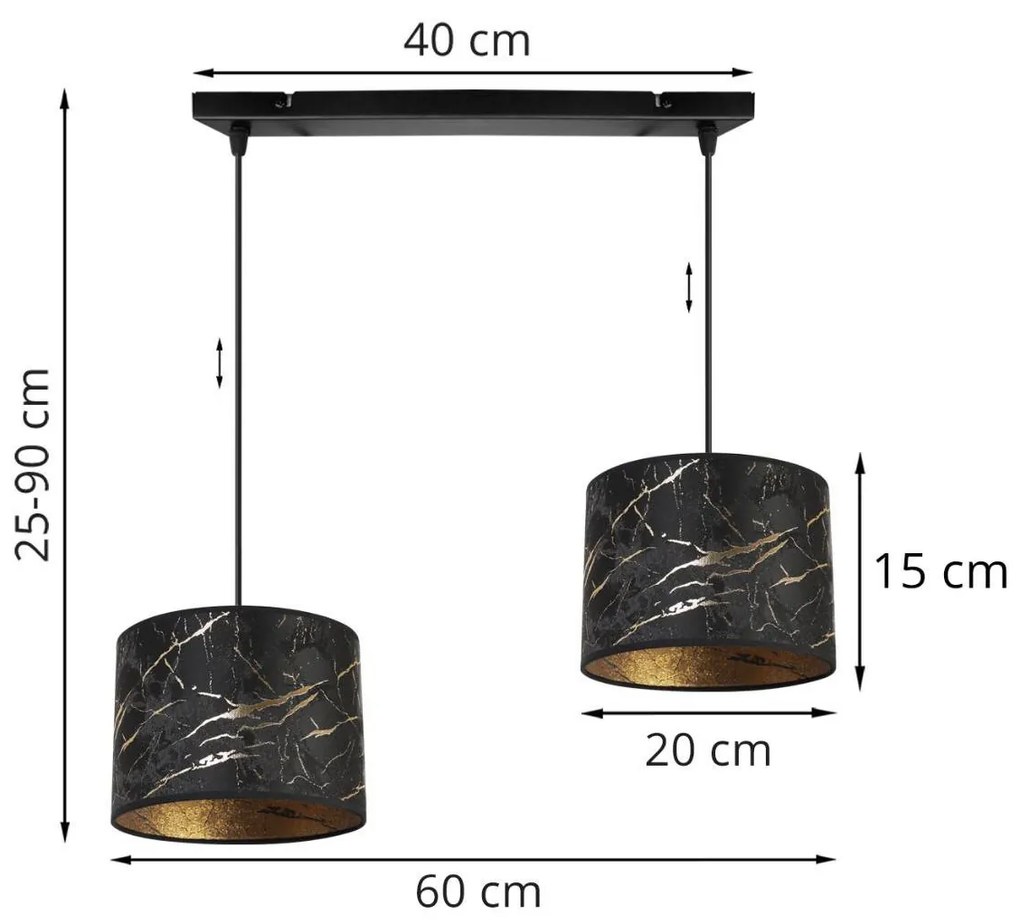 Závesné svietidlo Werona 3, 2x čierne textilné tienidlo so vzorom, g
