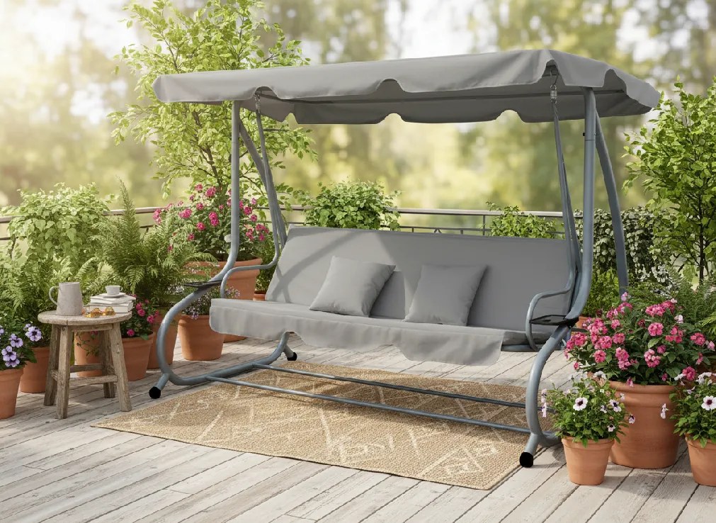 Garden Line ZÁHRADNÁ HOJDAČKA 210 x 120 x 170 cm ŠEDÁ S FUNKCIOU LEŽANÍKA