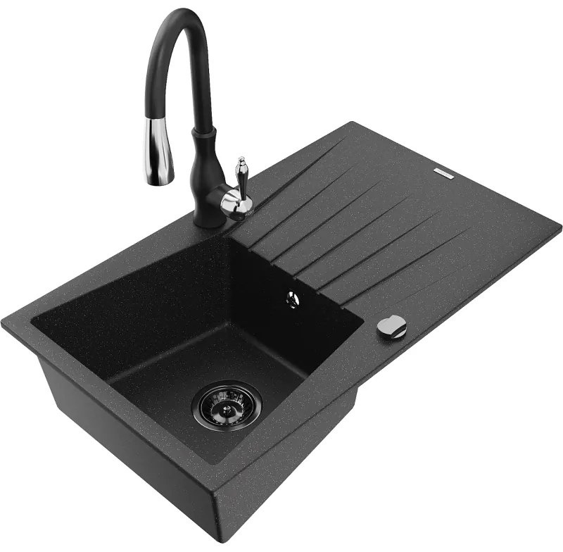 Mexen Cesar, 1-komorový granitový drez 775x470x190 mm a drezová batéria Savita, čierna-strieborná metalíza, 6514-73-672601-70-B