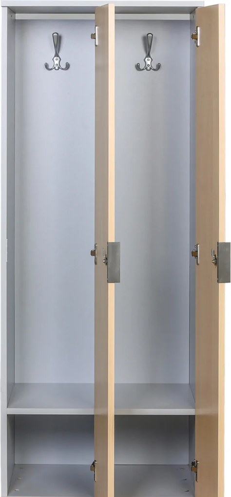 Drevená šatníková skrinka S4 s lavičkou, 2 oddiely, 1871 x 600 x 500/800 mm, demont, RFID zámok, sivá/buk
