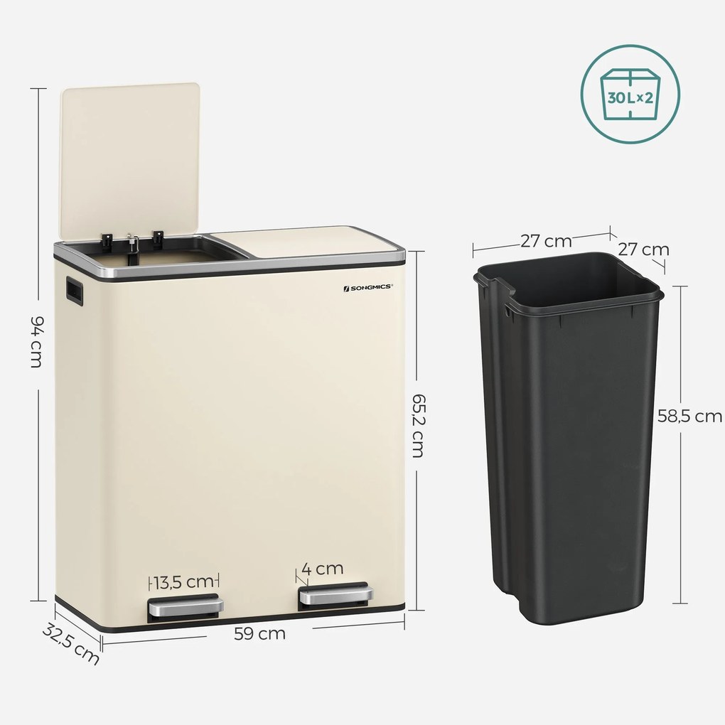 SONGMICS dvojitý odpadkový kôš, 2x30l, krémovej farby