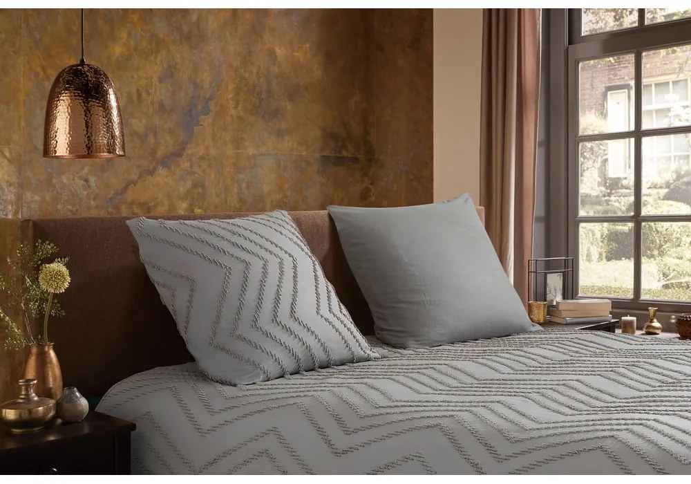 Sivo-hnedé predĺžené obliečky na jednolôžko z mikrovlákna 140x220 cm Pure Zigzag – Good Morning
