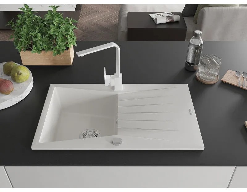 Mexen Cesar, granitový drez 775x470x190 mm, 1-komorový, biela s chrómovým sifónom a biela drezová batéria Rita, 6514-20-670300-20