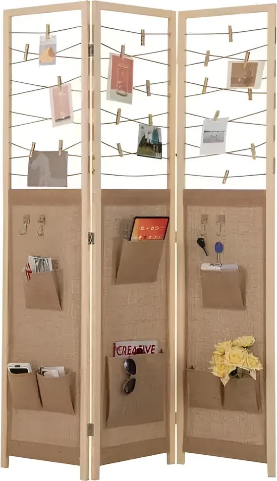 3-panelový paraván s 8 úložnými vreckami a 4 háčikmi, prírodný