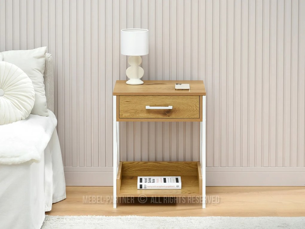 Nočný stolík Torry (dub + biela). Akcia -23%. Vlastná spoľahlivá doprava až k Vám domov. 1111722