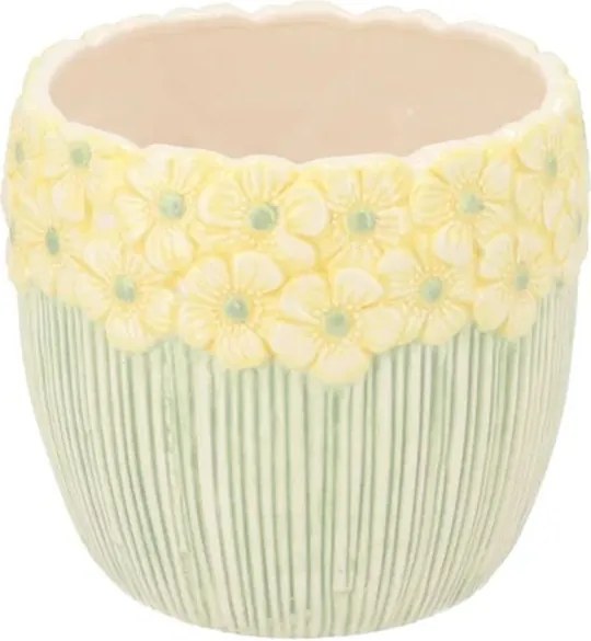 Ružovo-zelený obal na kvetináč s reliéfom kvetov Jane Flower - Ø 15*13 cm