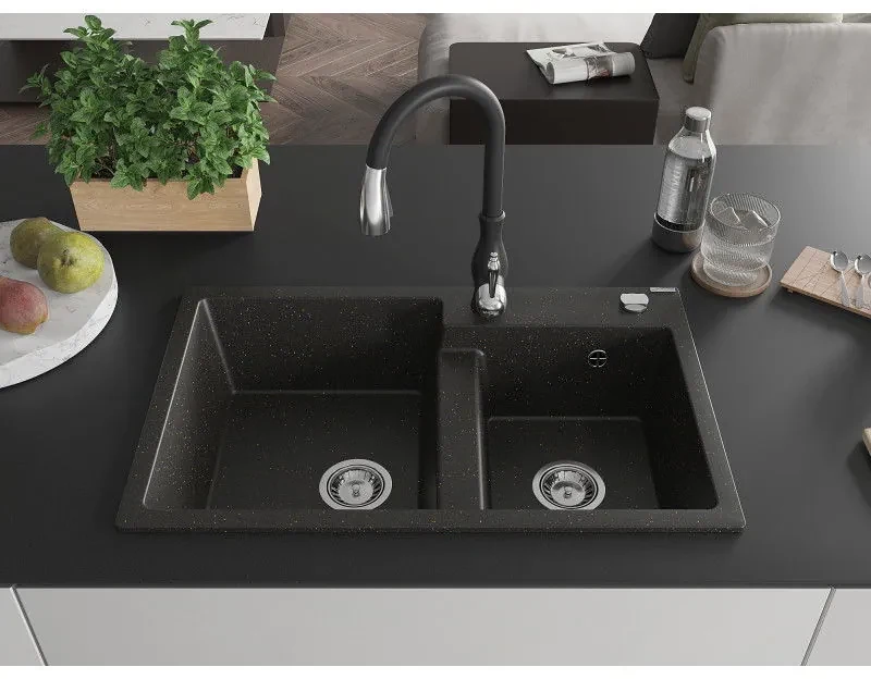 Mexen Tomas, granitový drez 800x500x190 mm, 2-komorový a drezová batéria Savita, čierna-zlatá metalíza, 6516-75-672601-70