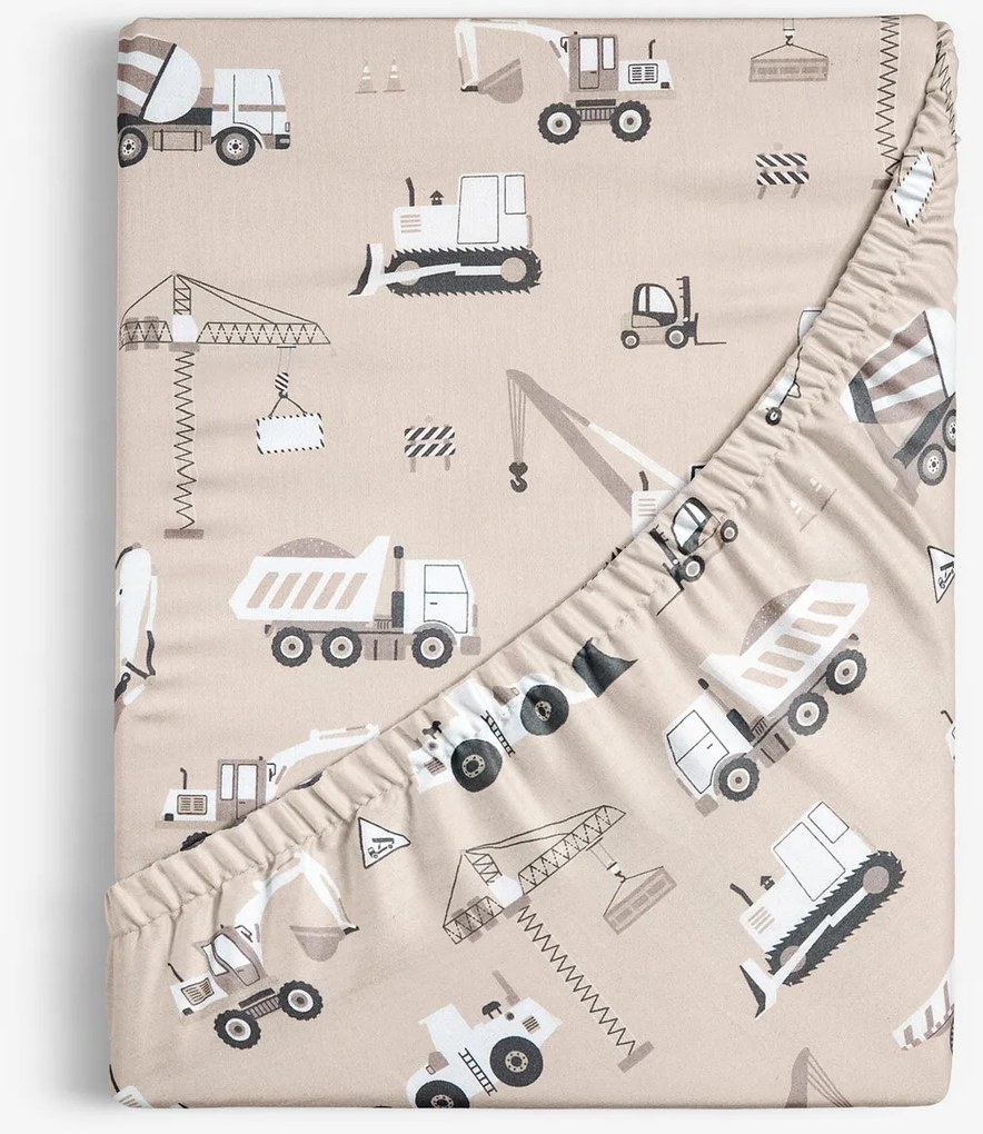 Goldea detská bavlnená napínacia plachta - nákladné autá a bagre na béžovom 180 x 200 cm