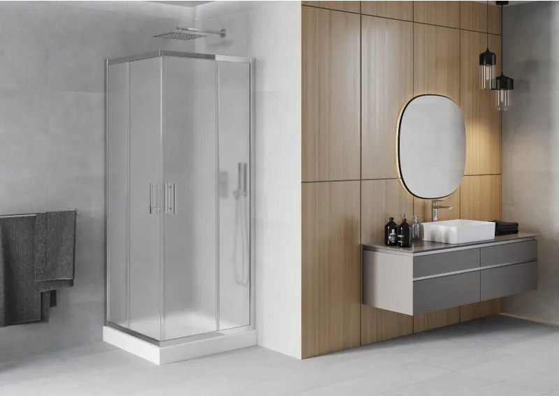 Mexen Rio, štvorcový sprchovací kút s posuvnými dverami 80(dvere) x 80(dvere) x 190 cm, 6mm sklo námraza, chrómový profil + biela sprchová vanička RIO, 860-080-080-01-30-4510
