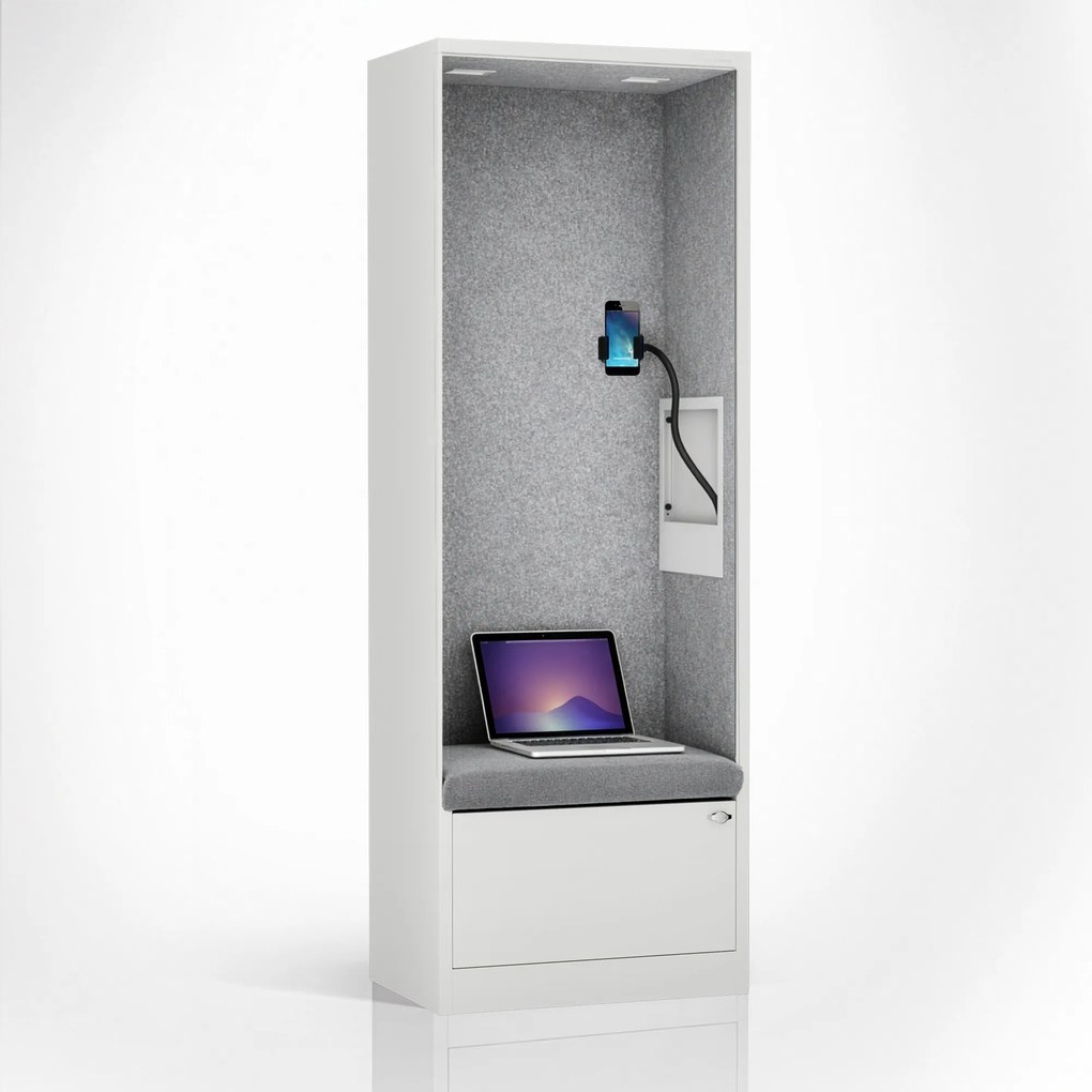 Kancelárska akustická kabína so sedadlom a portom USB-C, telo v biely / sedák sivá v zelenej farbe, 600 mm: SALLY MentalBox