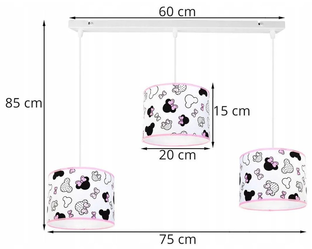 Detské závesné svietidlo Minnie, 3x textilné tienidlo so vzorom