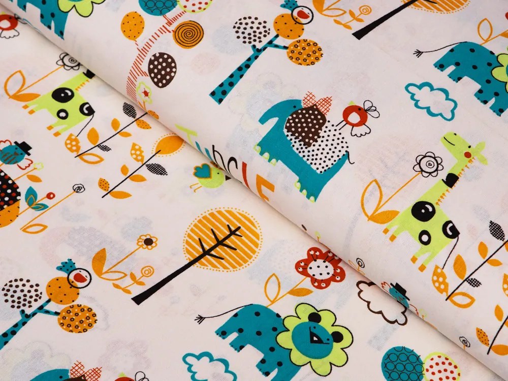 Biante Detské bavlnené posteľné obliečky do postieľky Sandra SA-008 Tyrkysové a oranžové zvieratká z džungle Do postieľky 90x140 a 50x70 cm