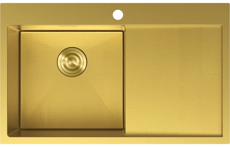 Mexen Exar, 1-komorový nerezový drez s odkvapkávačom, ľavý, 780 x 480 mm, brúsená zlatá, vzor voština, 6433781010L-55HC