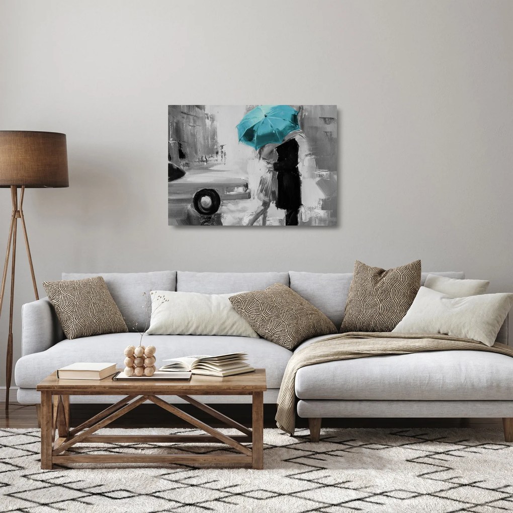 Sklenený obraz - Zamilovaný pár s dáždnikom, modrý (70x50 cm)