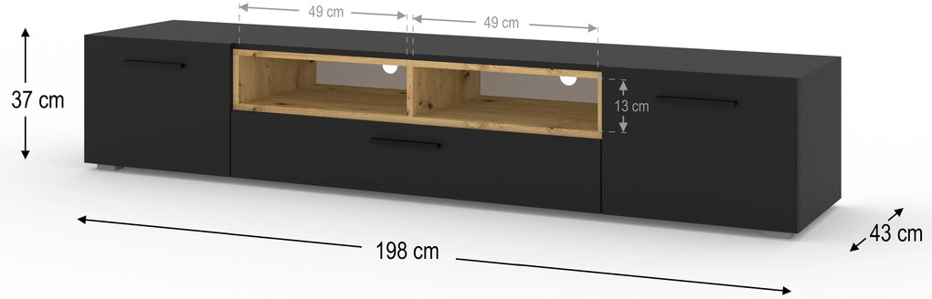 TV stolík/skrinka Akita 198 (čierna + dub artisan). Akcia -20%. Vlastná spoľahlivá doprava až k Vám domov. 1124863