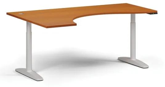 Výškovo nastaviteľný stôl OBOL, elektrický, 675-1325 mm, ergonomický ľavý, doska 1800x1200 mm, biela zaoblená podnož, čerešňa