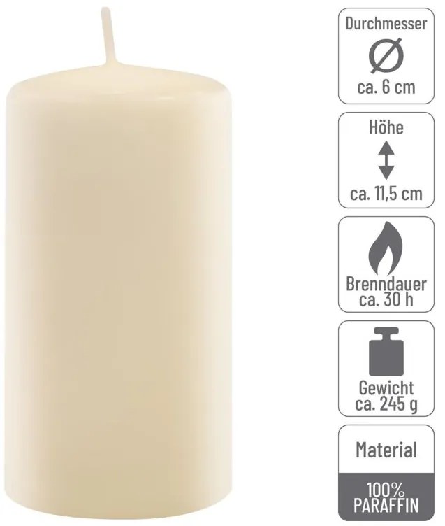 Sada stĺpových sviečok, 11,5 cm, Ø 6 cm, krémová, 12 ks