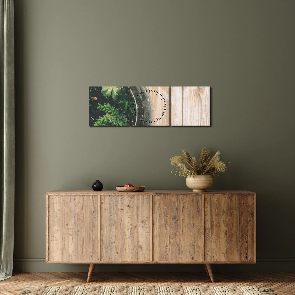 Obraz sukulentov v skle (s hodinami) (90x30 cm)